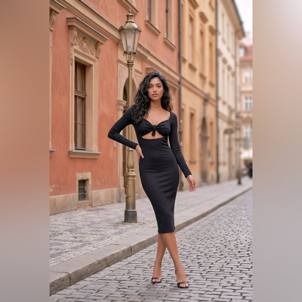 #125 VALERIA Black Long Sleeve Cutout Midi Dress 🌹